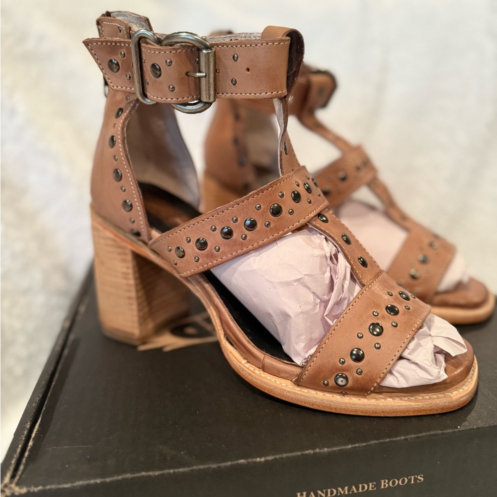 Freebird “Jade” Tan Heels with Gladiator Straps and Block Heel